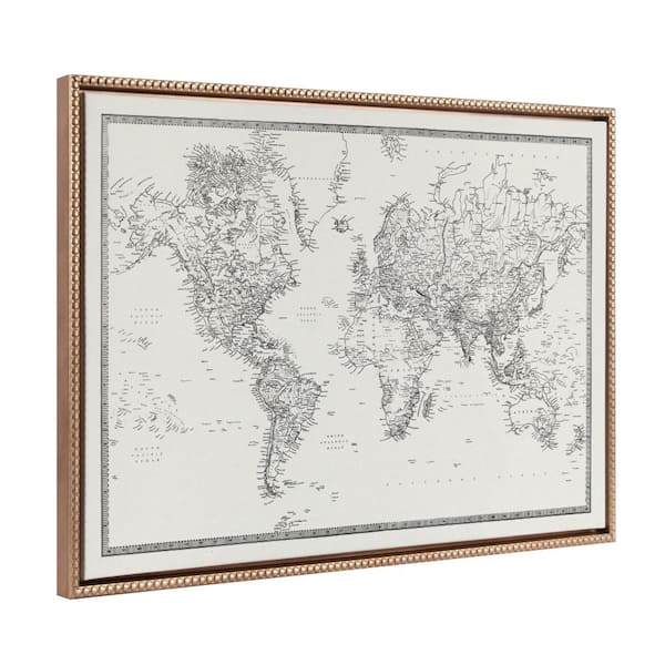 Kate and Laurel Vintage Black and White Word Map Framed Canvas Wall Art 1-Piece Gold Framed Canvas Art Print, 23 in. x 33 in.