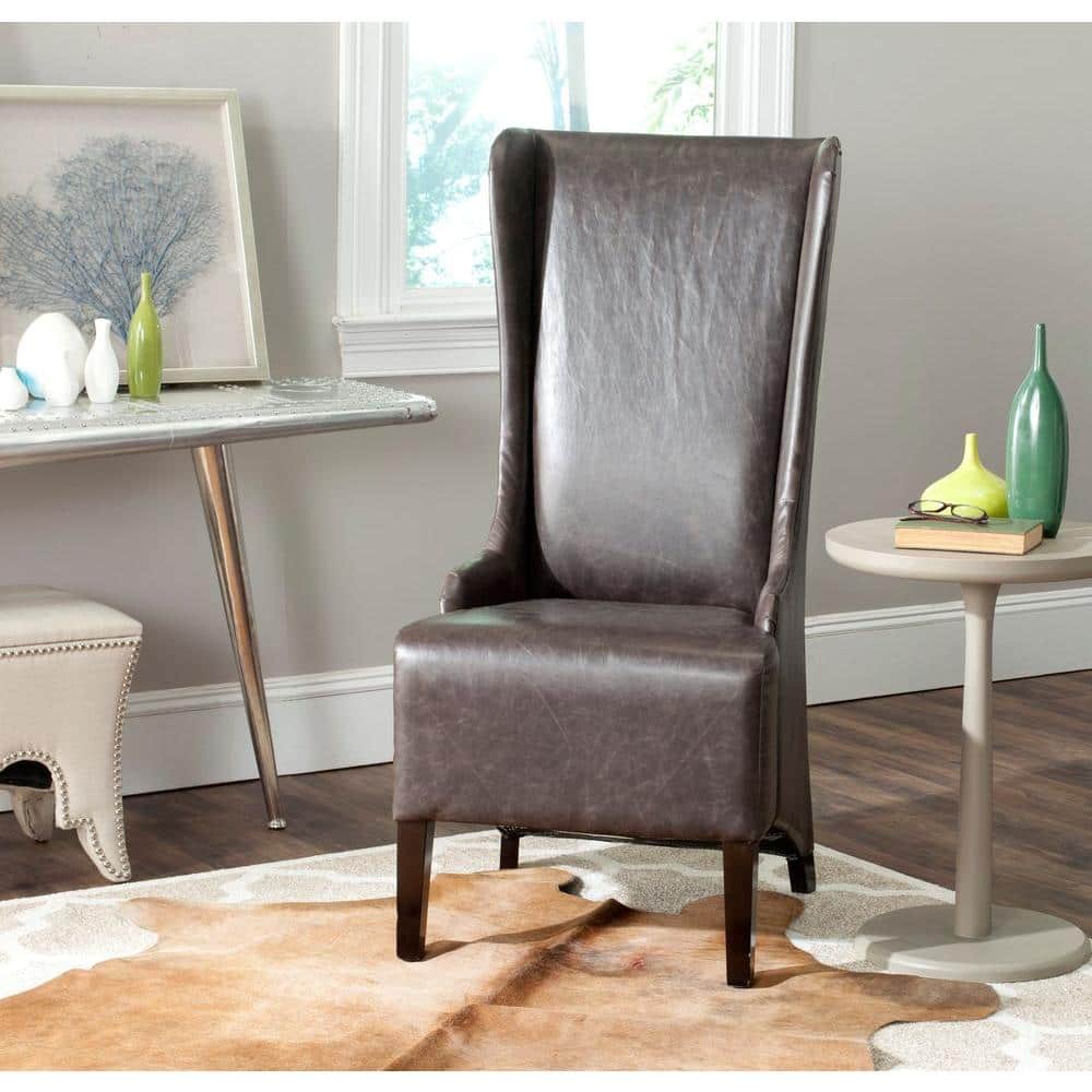 Antique Brown High Back Leather Upholstered Dining Side Chair