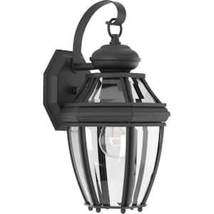 New Haven Collection 1-Light Textured Black Clear Beveled Glass New Traditional Outdoor Small Wall Lantern Light