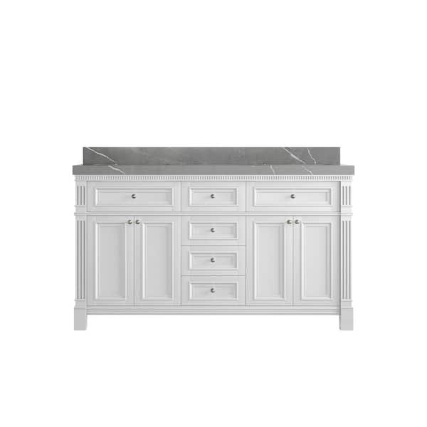 Willow Collections Paris 60 in. W x 22 in. D x 36 in. H Double Sink Bath Vanity in White with 2 in. Piatra Gray qt. Top