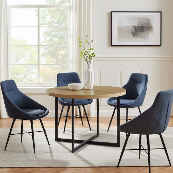 Modern Coastal Oak Wood and Black Metal Frame 42 in. Cross Legs Dining Table, Seats 4