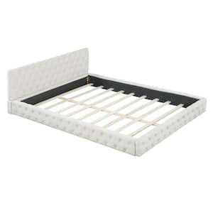 Beige Wood Frame Queen Velvet Upholstered Platform Bed Floor Bed with Luxurious Diamond Grid Headboard