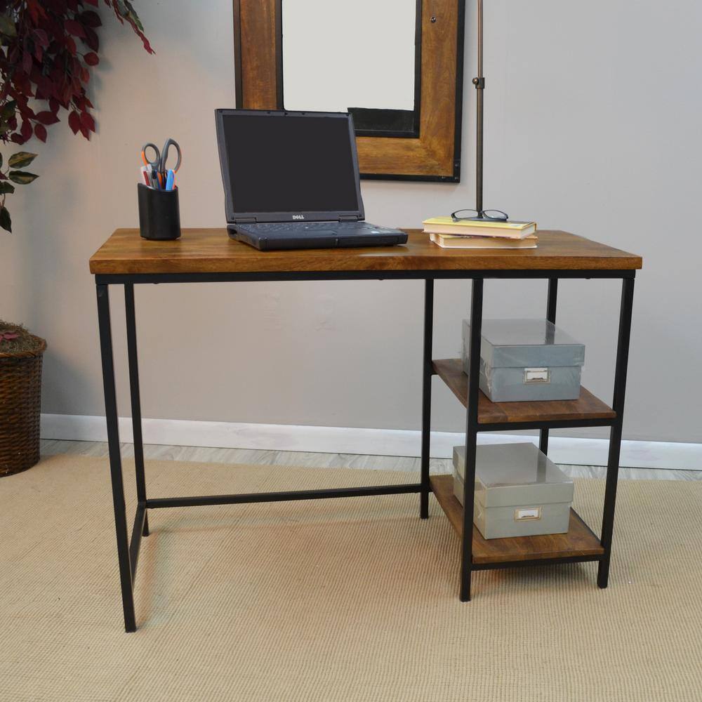 Chestnut Brown Mango Wood and Black Metal Desk with Shelves
