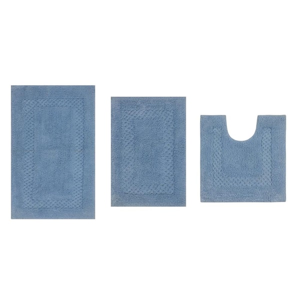 Classy 100% Cotton Bath Rugs Set, Machine Wash, 3-Pcs Set with Contour, Blue