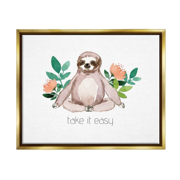 The Stupell Home Decor Collection Take It Easy Peach Floral Sloth Watercolor by Elise Engh Floater Frame Animal Wall Art Print 17 in. x 21 in. .