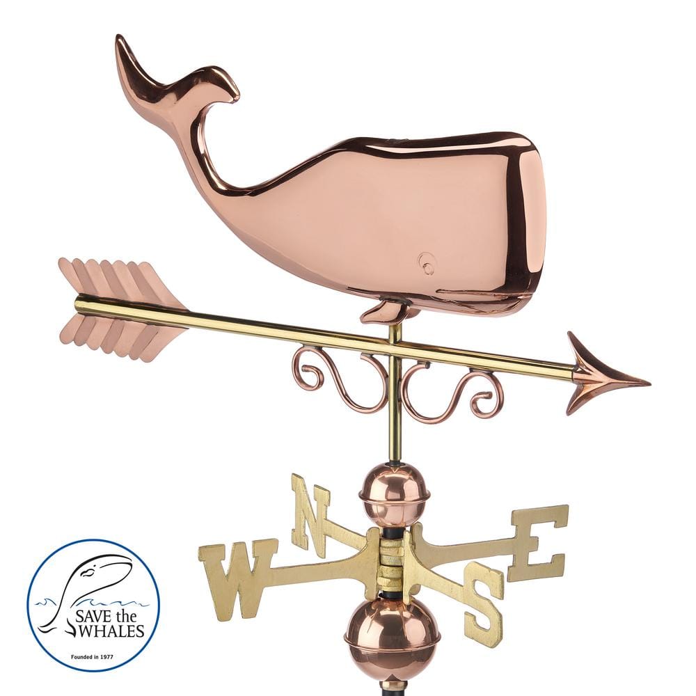 Circa 1860 Pure Copper Whale Weathervane with Brass Directionals