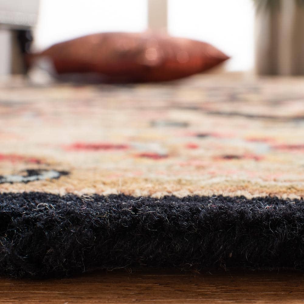 Handmade Black Floral Wool Rectangular Rug 27" x 4"