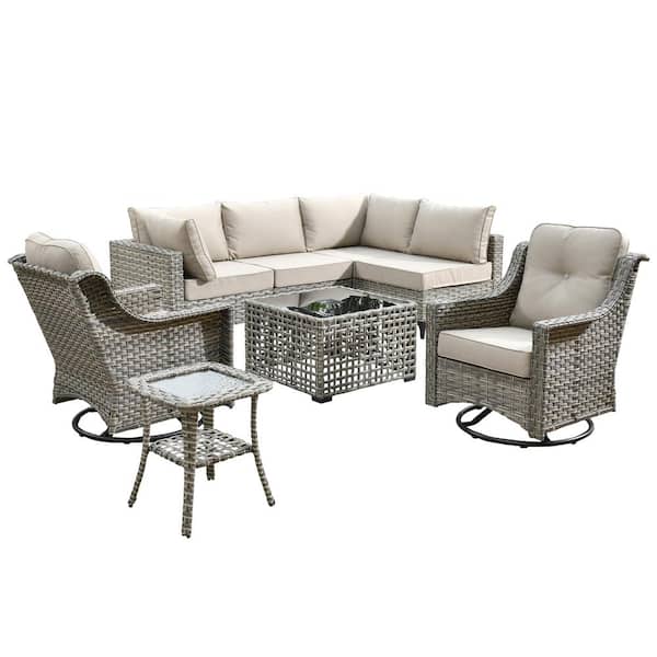 Holston 8-Piece Wicker Modern Outdoor Patio Conversation Sofa Seating Set with Swivel Chairs and Beige Cushions