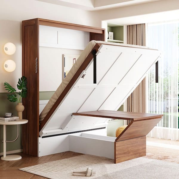 White and Walnut Wood Frame Full Size Murphy Bed with Foldable Desk, Space Saving Wall Bed
