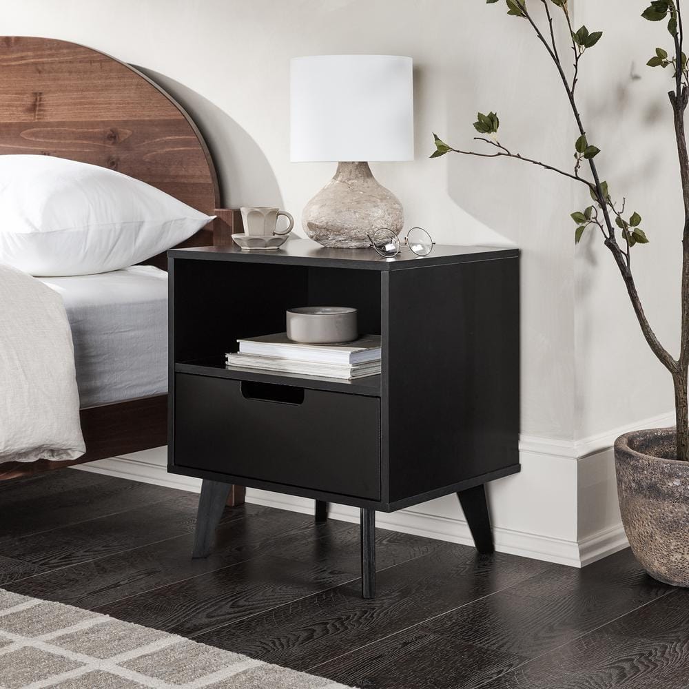 Black MDF 1-Drawer Nightstand with Open Cubby