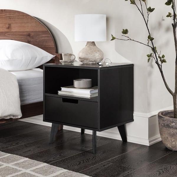 Walker Edison Furniture Company 1-Drawer Black Wood Mid-Century Modern Nightstand with Cubby