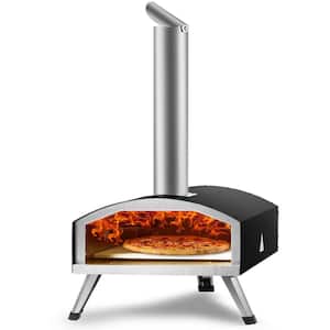 12 in. Wood and Charcoal-Fired Outdoor Pizza Oven Stainless Steel Pizza Grill with Pizza Stone for Camping in Black