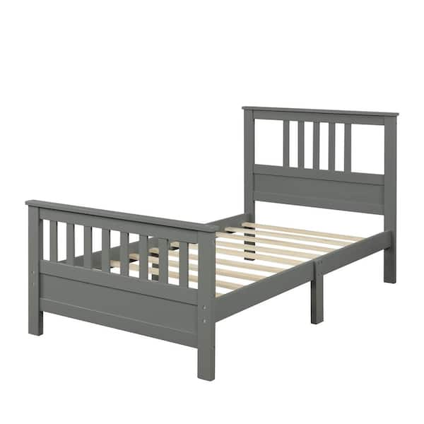 Gray Twin Wood Platform Bed, Wood Twin Bed Frame With Headboard