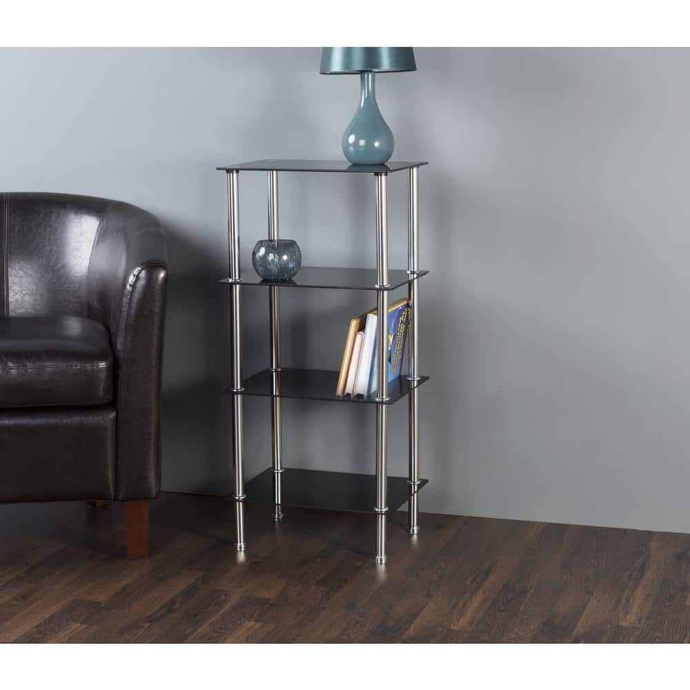 Black Glass and Chrome 4-Tier Shelving Unit