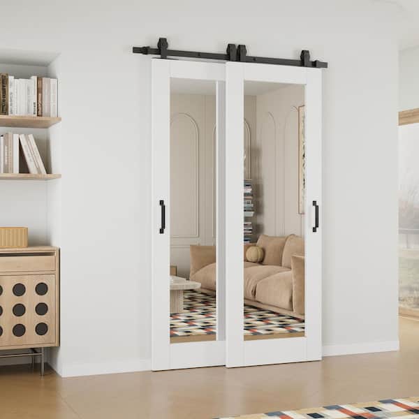 48 in. x 80 in. (Double 28 in.) 1-Lite Mirrored Glass White Primed MDF Sliding Barn Door with Hardware Kit Bypass