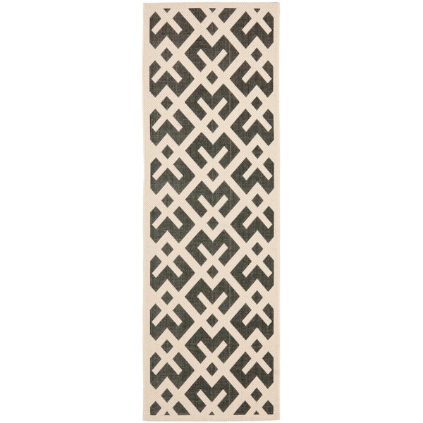 SAFAVIEH Courtyard Black/Beige 2 ft. x 12 ft. Geometric Indoor/Outdoor Patio  Runner Rug