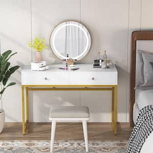 Ellie 47 in. Rectangular Golden Metal White Particle Board Wood 2 Drawer Laptop Desk Makeup Vanity Console Table