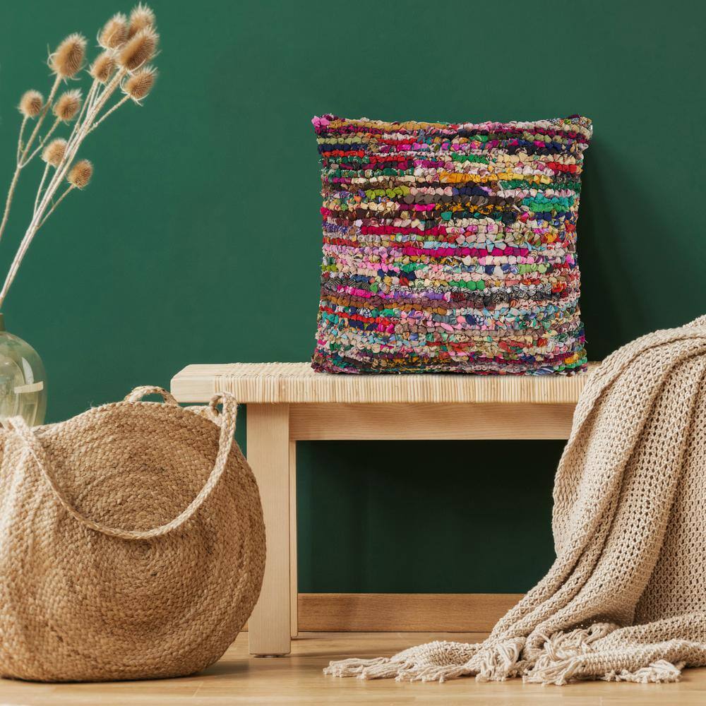 Multicolor Bohemian Striped Chindi Floor Pillow, 26" x 26"