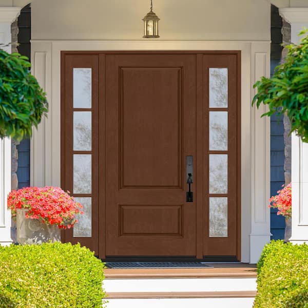 Regency 68 in. x 80 in. 2Panel 3/4-Squaretop LHIS Chestnut Stain Fiberglass Prehung Front Door with w/4Lite Dbl 14in.SL