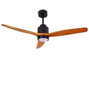 52 in. Integrated LED Indoor Black Ceiling Fan with Brown Wood Grain Blad with Light Kit and Remote Control, DC Motor