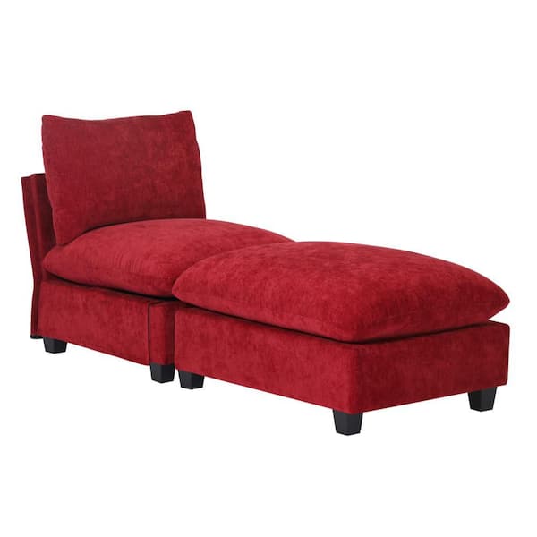 Lucca Plush Chenille Upholstered Armless Modular Single Sofa Accent Chair with Footstool Ottoman Set, Red