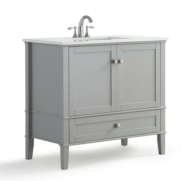 Simpli Home Chelsea 36 in. W x 21.5 in. D x 34.7 in. H Bath Vanity in Grey with Quartz Marble Vanity Top in White with White Basin