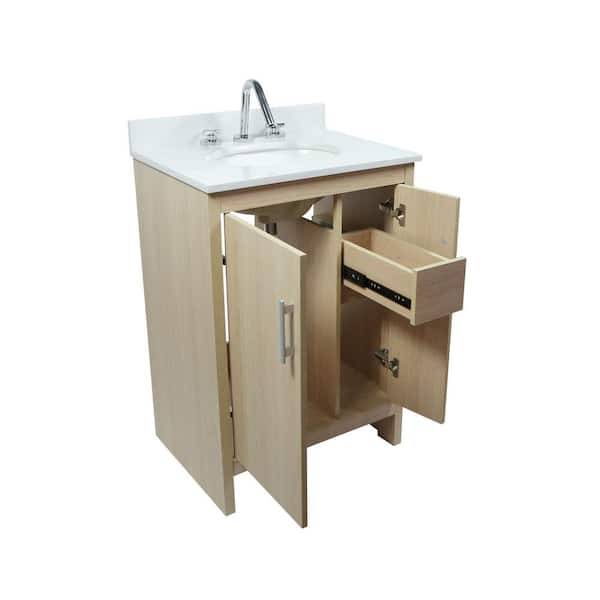 25 in. W x 19 in. D x 36 in. H Single Bath Vanity in Neutral Finish with White Engineered Stone Top and White Oval Basin