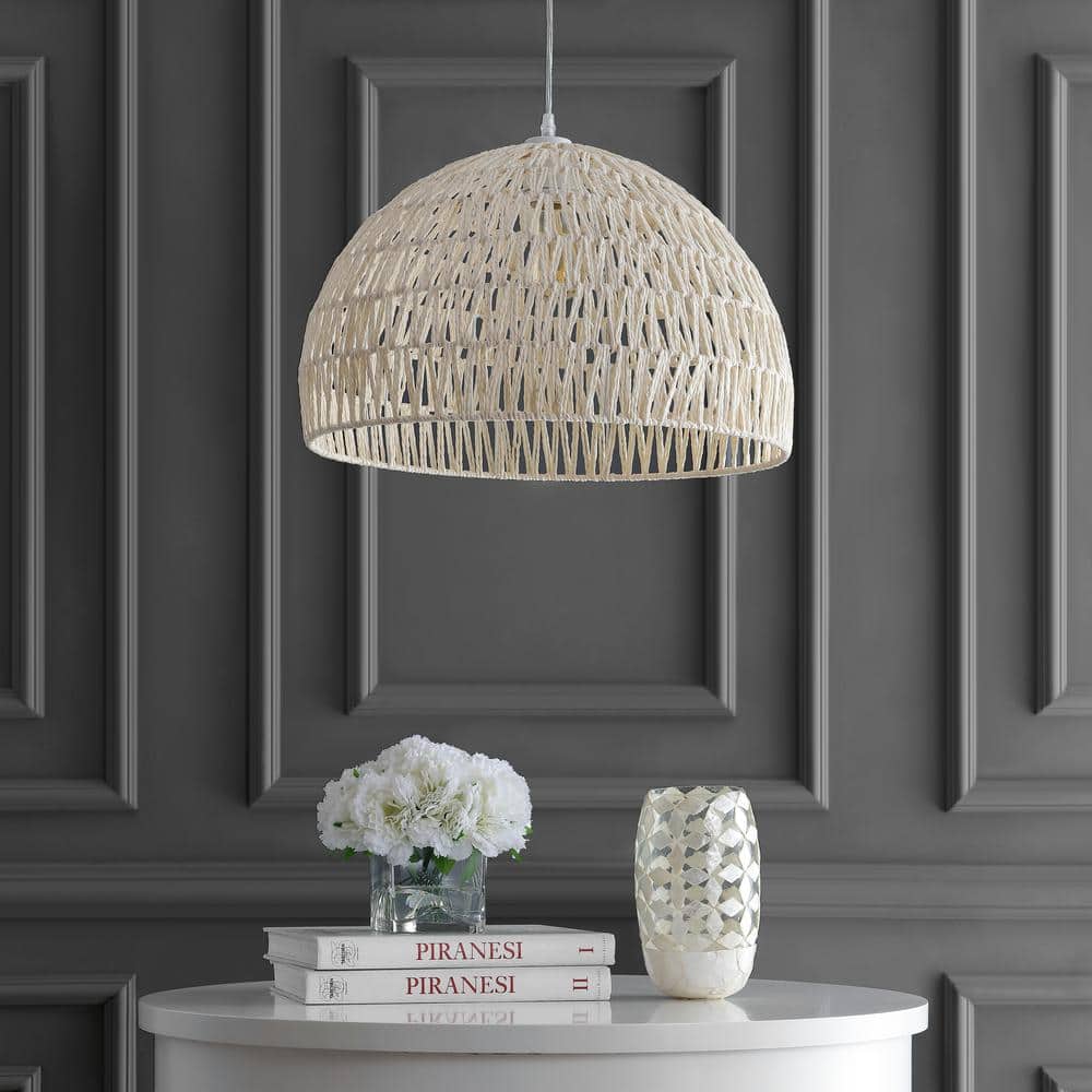 Campana 20" Cream Woven Rattan & Iron LED Pendant with Adjustable Drop
