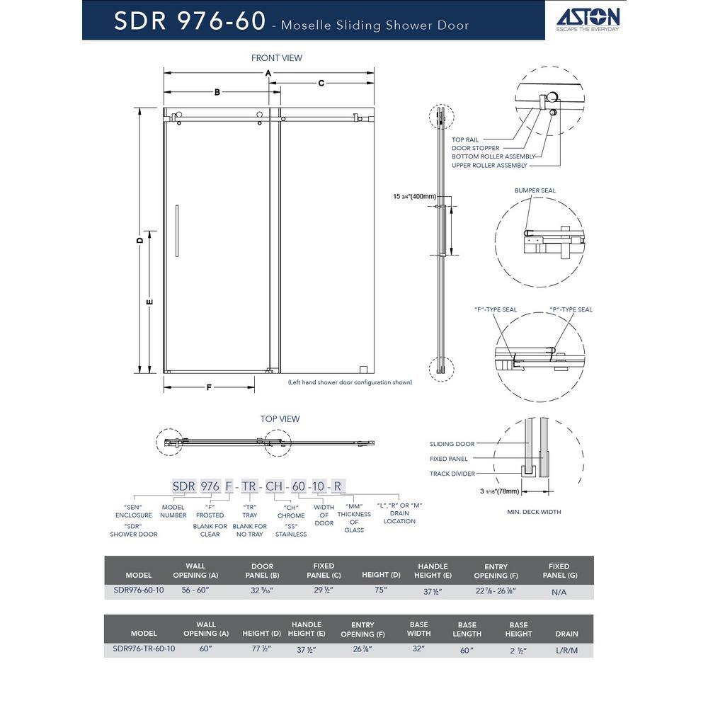 Aston 60" x 75" Frameless Chrome Sliding Shower Door