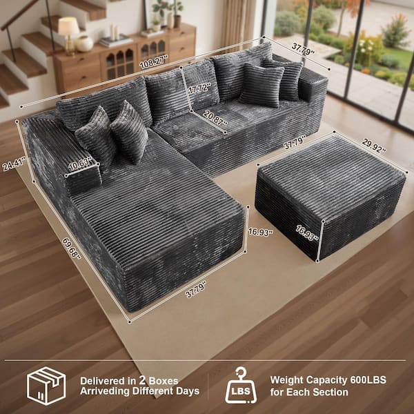 Allwex BP 108 in. Wide Arm 2-Piece Modern Plush Corduroy L-Shape
