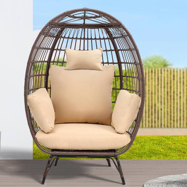 DEXTRUS Wicker Chair Outdoor Egg Lounge Chair Beige Egg Chair with Cushion PE Rattan Chair for Patio, Garden, Backyard, Porch