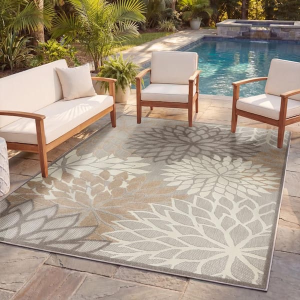 Aloha Natural 6 ft. x 9 ft. Floral Contemporary Indoor/Outdoor Area Rug