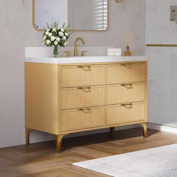 48 in. Freestanding Solid Wood Oak Bath Vanity with Calacatta White Quartz Top, Single Sink, Soft Close, Assembled