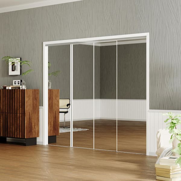 96 in. x 80 in. Full Lite, MDF, White, Mirrored Glass Sliding Door with Aluminum Frame and Handles