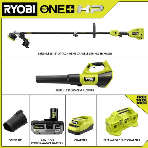 ONE+ HP 18V Brushless Cordless 15 in. Trimmer and Blower Combo Kit with 4.0 Ah Battery, 6-Port Fast Charger & Charger