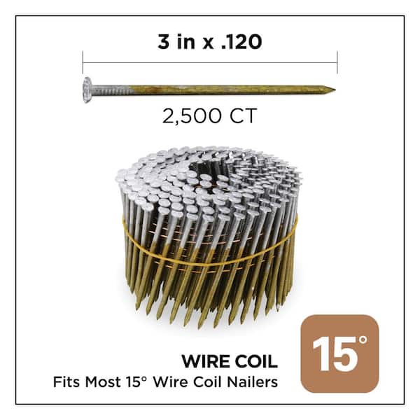 3 in. x 0.120 15-Degree Hot Dipped Galvanized Ring Shank Wire Coil Framing Nails (2500 -Per Box)