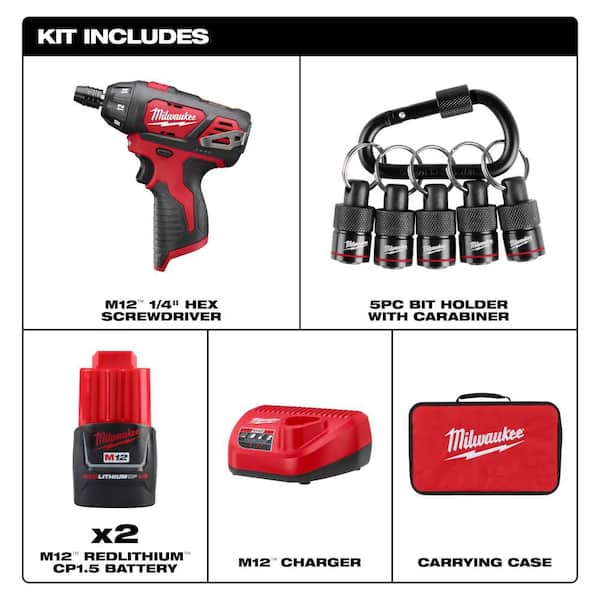 M12 12V 1/4 in. Hex Screwdriver Kit w/ (2) 1. 5Ah Batteries, Charger, Bag with 5-Pc Carabiner Hex Holder