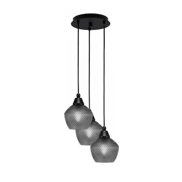 Unbranded Savannah 9.25 in. 3-Light Matte Black Cord Pendant Light Smoke Textured Glass Shade
