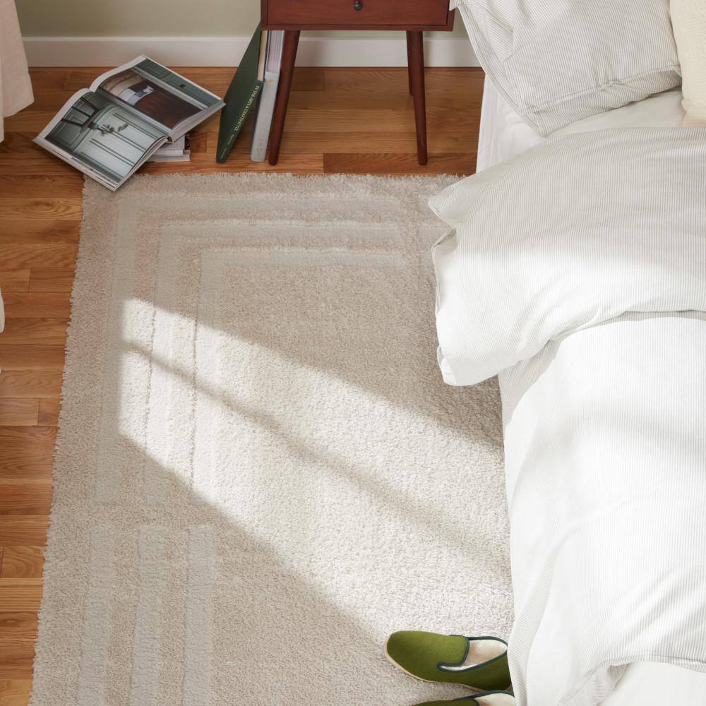 Beige Geometric Washable Shag Area Rug 5'2" x 7'2"