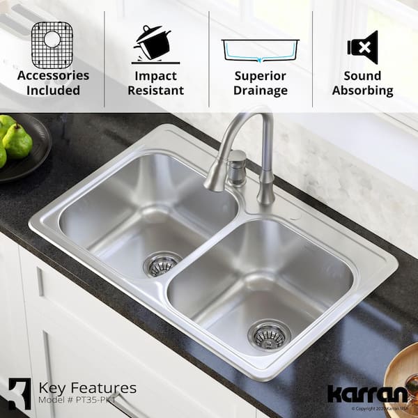 Karran PT35 18-Gauge Stainless Steel 33 in. Double Bowl Drop-In