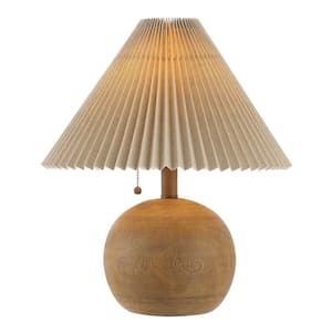 Aksel 17.25 in. Scandinavian Resin/Iron Sphere LED Table Lamp with Pleated Shade and Pull Chain, Brown Wood Finish/Beige