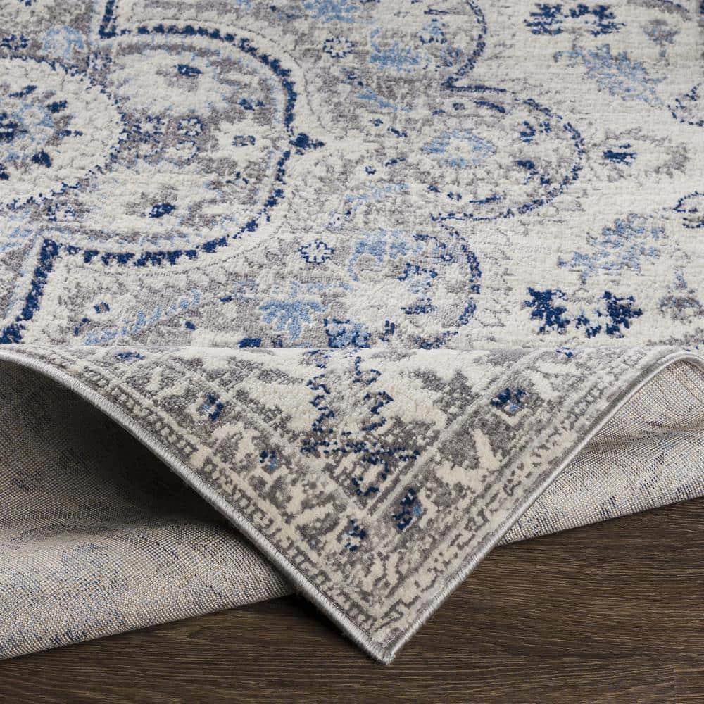Gray and Blue Vintage Medallion Low Pile Area Rug