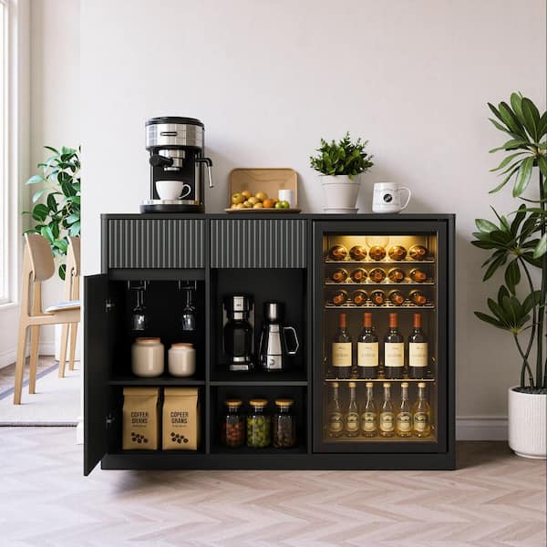 Black 51.18 in. W Bar Cabinet with Adjustable Shelves and Mini Fridge Nook (Fridge Not Included)