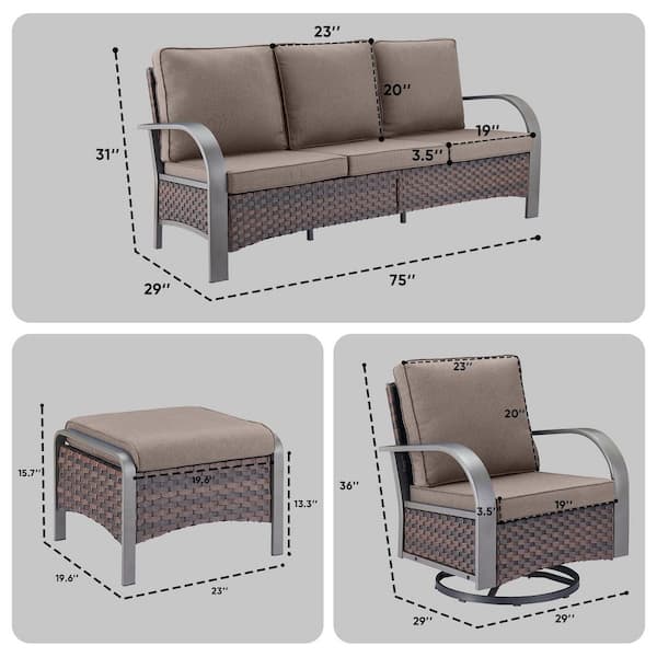 5-Piece Brown Wicker Patio Conversation Set with Gray Olefin Cushions and Swivel Glider Chairs/Ottomans/Couch