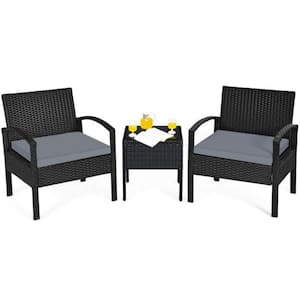 3-Piece PE Rattan Wicker Patio Conversation Set Sofa Set with Gray Washable and Removable Cushions