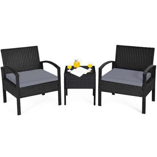 Clihome 3-Piece PE Rattan Wicker Patio Conversation Set Sofa Set with Gray Washable and Removable Cushions