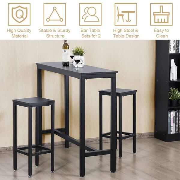 Black Bar Table Set Counter Height, 2 Person High Dining Table