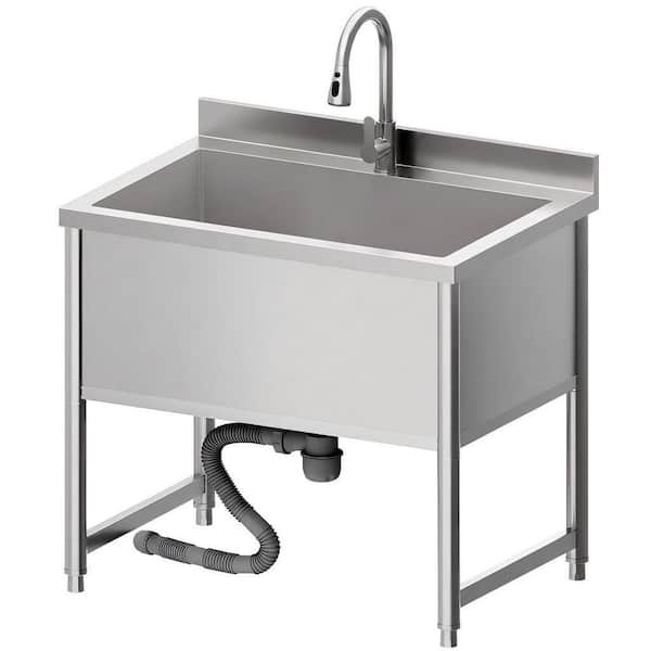 Stainless Steel Commercial Restaurant Sink, Freestanding Utility Sink with Pull-Out Faucet for Indoor/Outdoor Use
