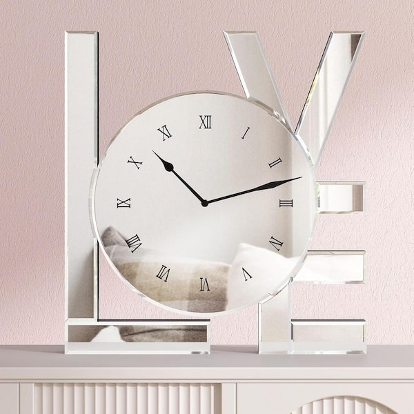 THKSHOUZ Love Silver Roman Numeral Glass Wall Clock