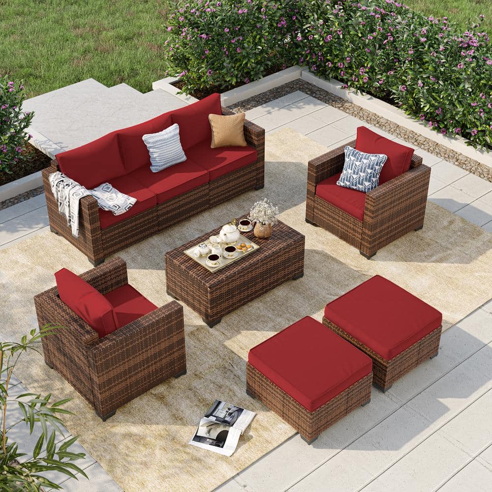 7-Seat 6-Piece Rattan Wicker Outdoor Patio Conversation Sectional Deep Seating Sofa Set with Red Cushions, Storage Box price history on PriceWatchPro